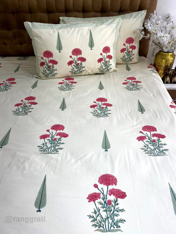 Bright Maroon Floral Hand Block Cotton King Size Bedsheet
