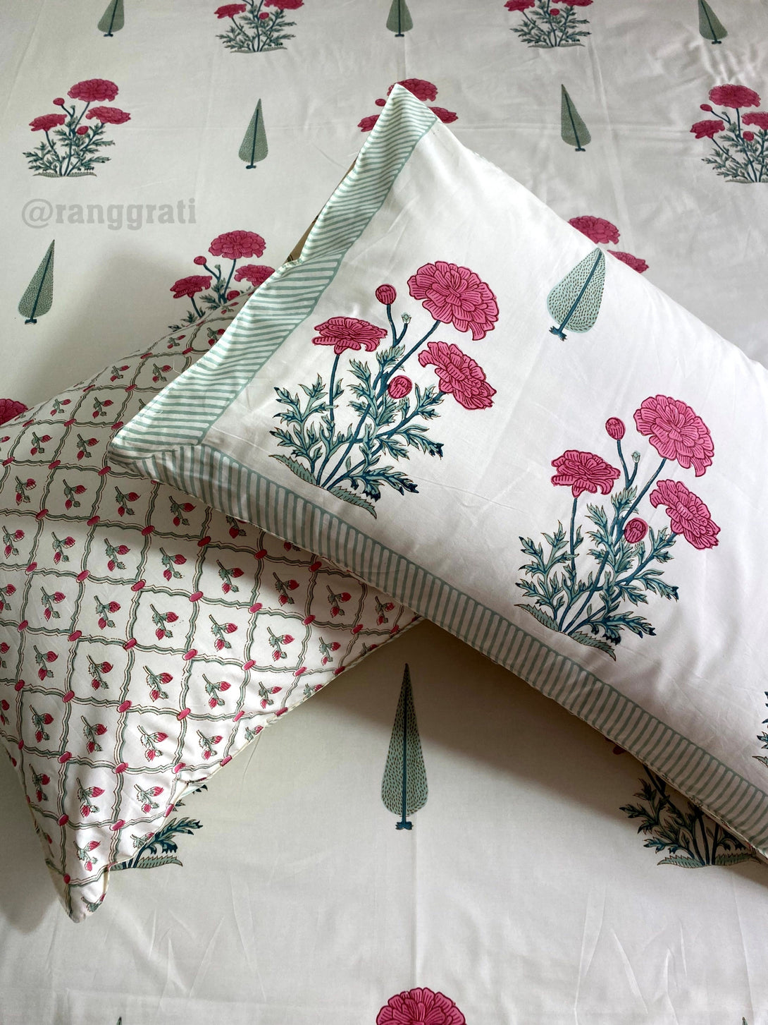Bright Maroon Floral Hand Block Cotton King Size Bedsheet With Pillow Covers