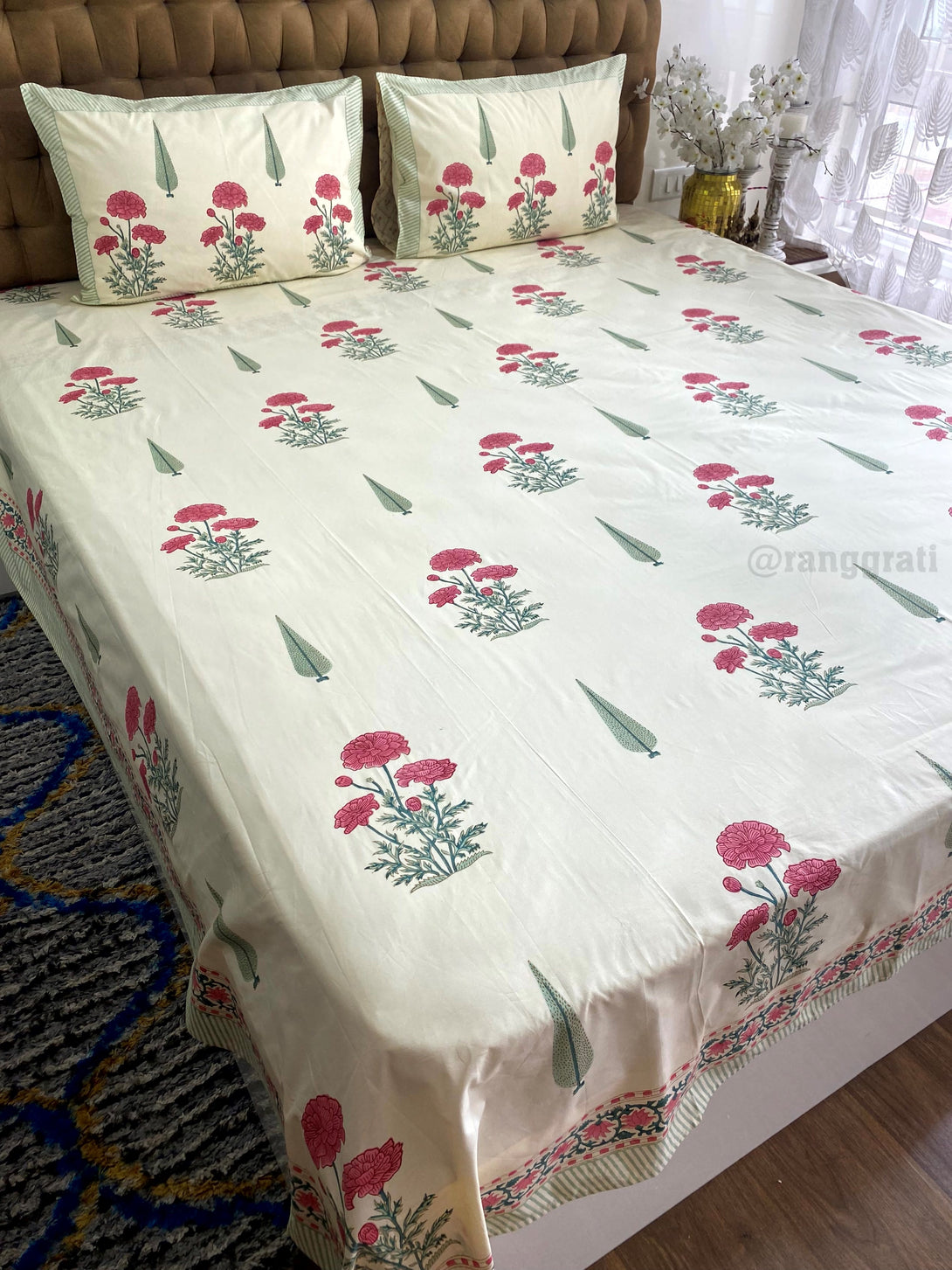 Bright Maroon Floral Hand Block Cotton Bedsheet King Size 