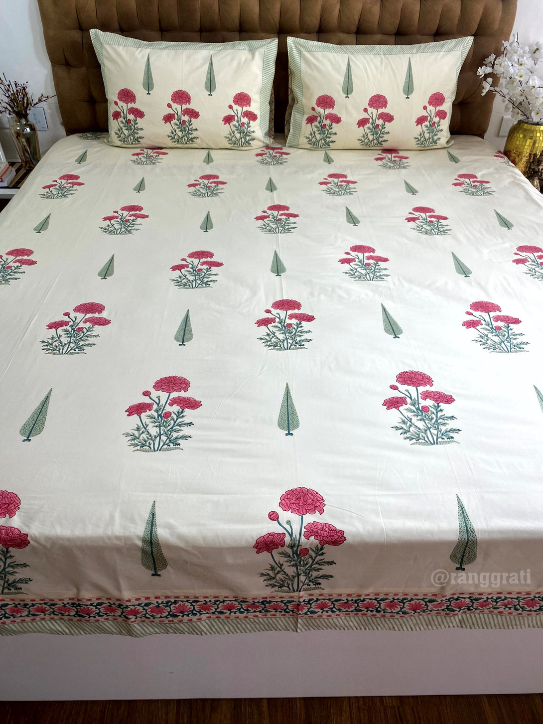 Cotton King Size Bright Maroon Floral Hand Block  Bedsheet