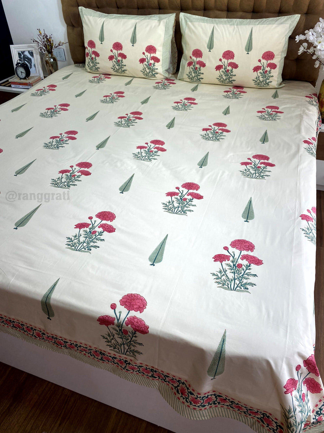King Size Bright Maroon Floral Hand Block Cotton Bedsheet