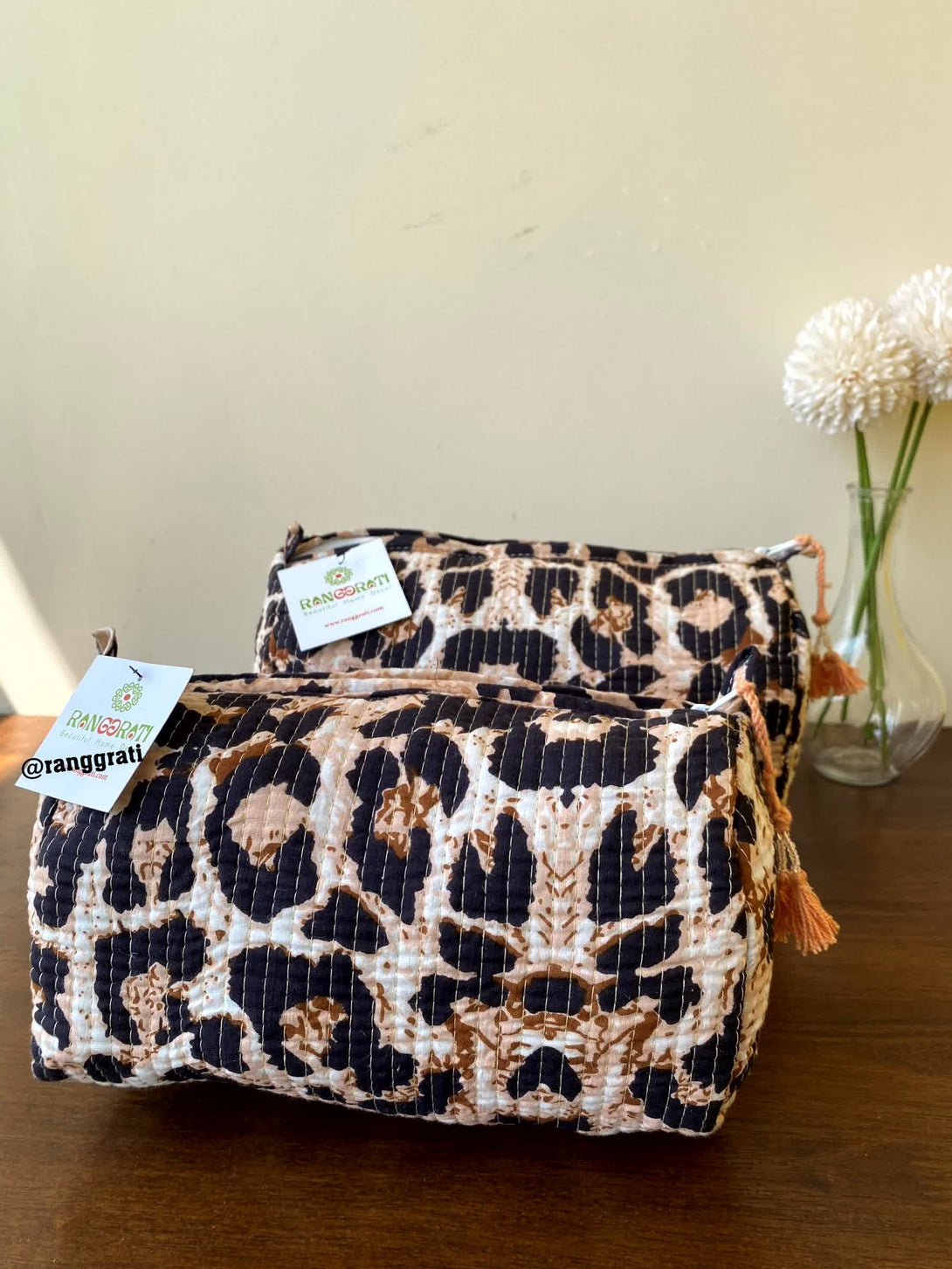 Brown Abstract Quilted Travel Pouch Set of 2 - Pouch