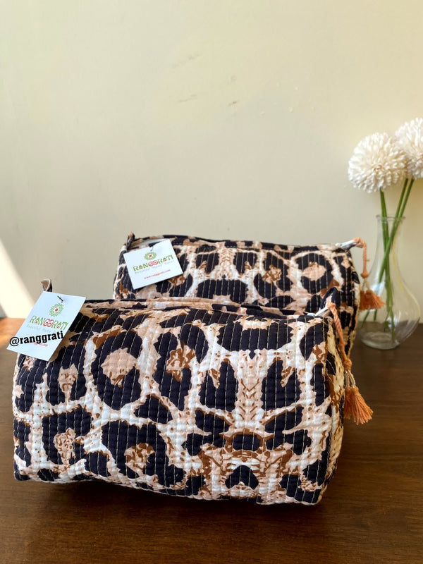 Brown Abstract Quilted Travel Pouch Set of 2 - Pouch