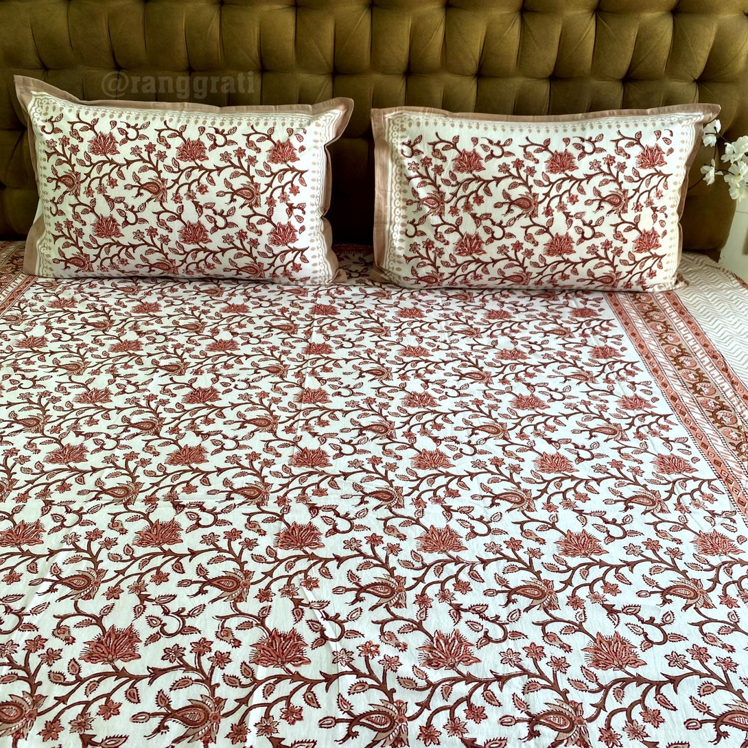 Brown Floral Jaal Jaipuri Cotton Bedsheet King Size For Double Bed - Bedsheet