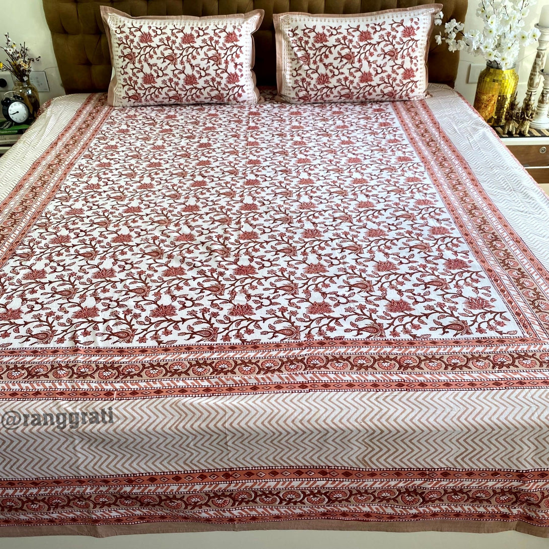 Brown Floral Jaal Jaipuri Cotton Bedsheet King Size For Double Bed - Bedsheet