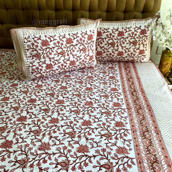 Brown Floral Jaal Jaipuri Cotton Bedsheet King Size For Double Bed - Bedsheet