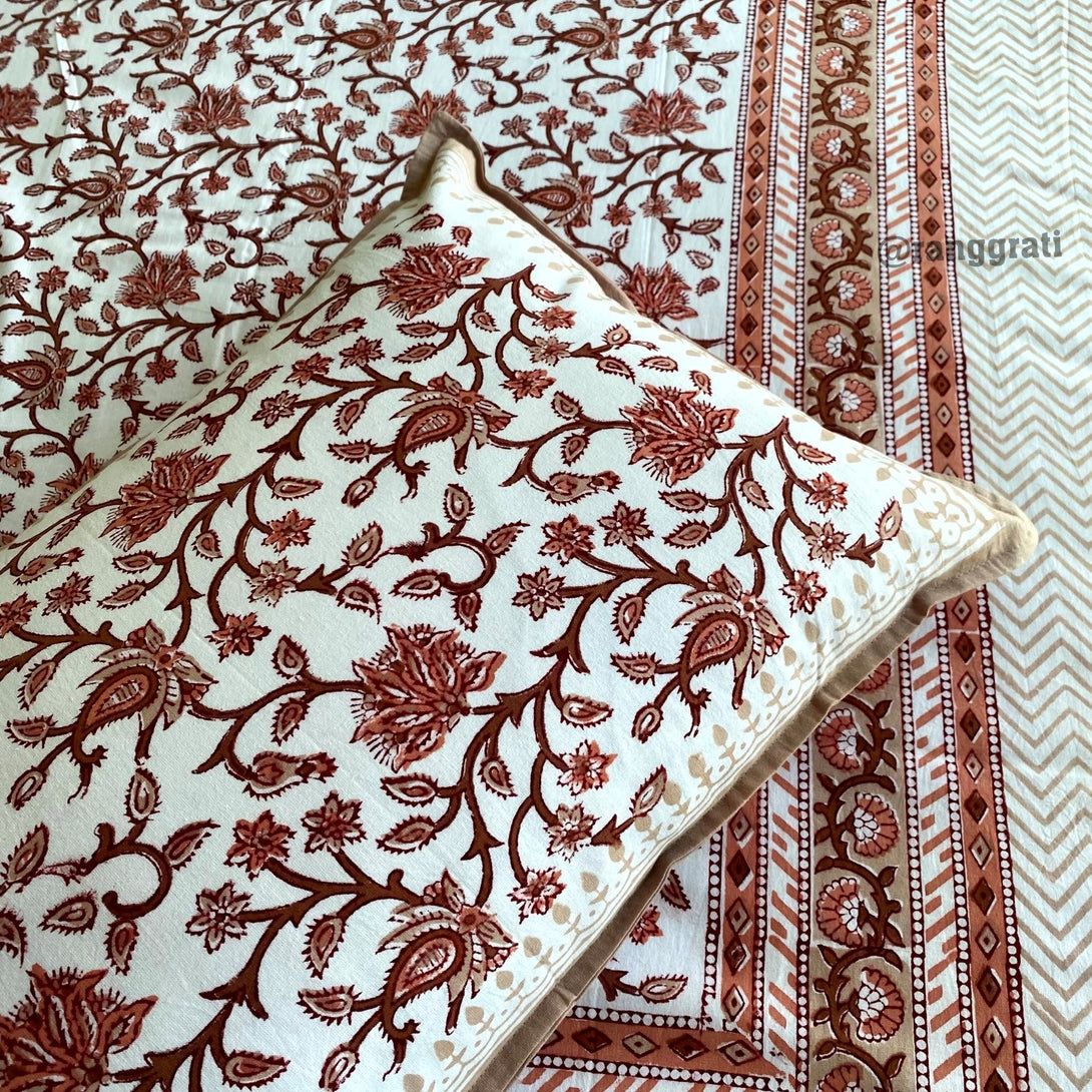 Brown Floral Jaal Jaipuri Cotton Bedsheet King Size For Double Bed - Bedsheet