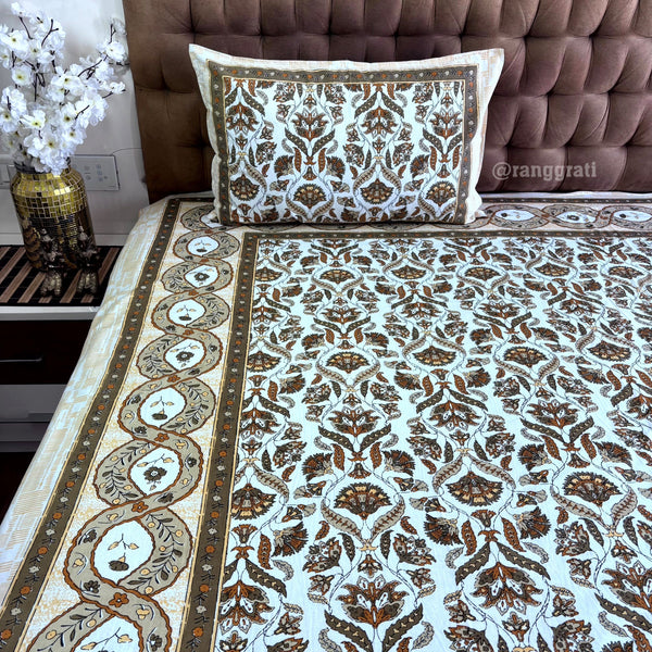 Brown Floral Jaipuri Cotton Bedsheet King Size - Bedsheet