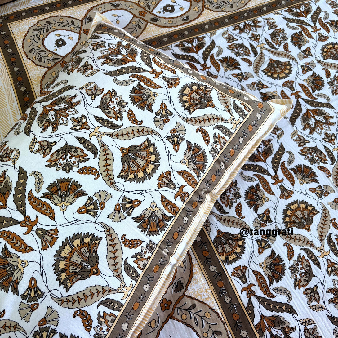 Brown Floral Jaipuri Cotton Bedsheet King Size - Bedsheet