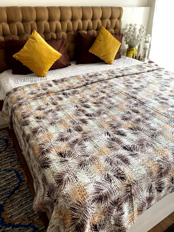 Brown Golden Abstract Kantha Bedcover For Double Bed King Size - Bedcover