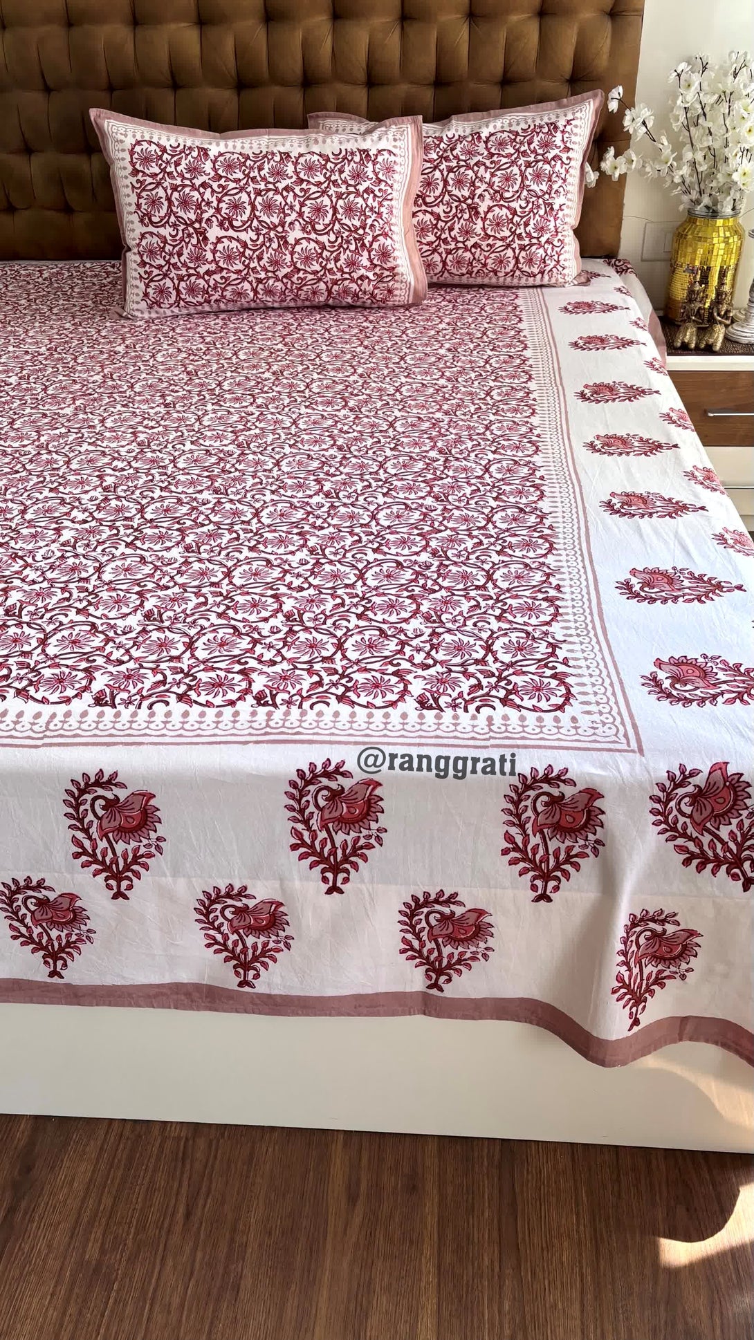 Brown White Floral Jaipuri Cotton Bedsheet King Size For Double Bed - Bedsheet