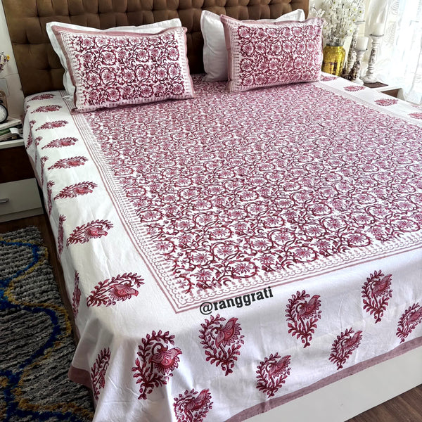 Brown White Floral Jaipuri Cotton Bedsheet King Size For Double Bed - Bedsheet