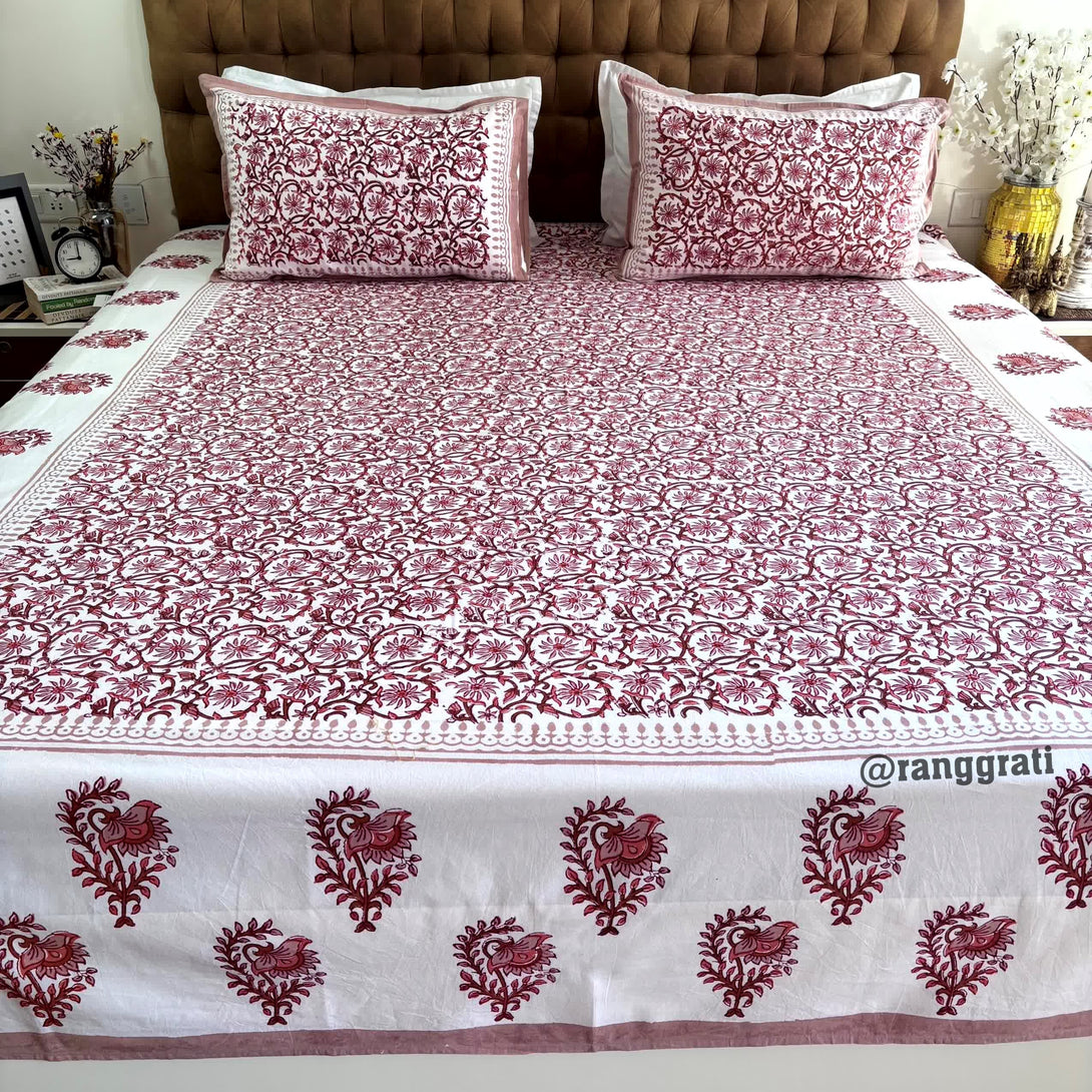 Brown White Floral Jaipuri Cotton Bedsheet King Size For Double Bed - Bedsheet
