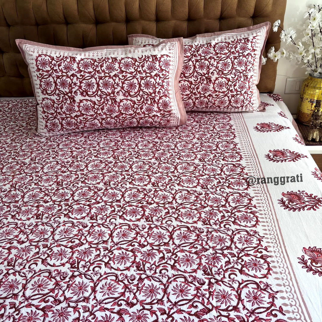 Brown White Floral Jaipuri Cotton Bedsheet King Size For Double Bed - Bedsheet