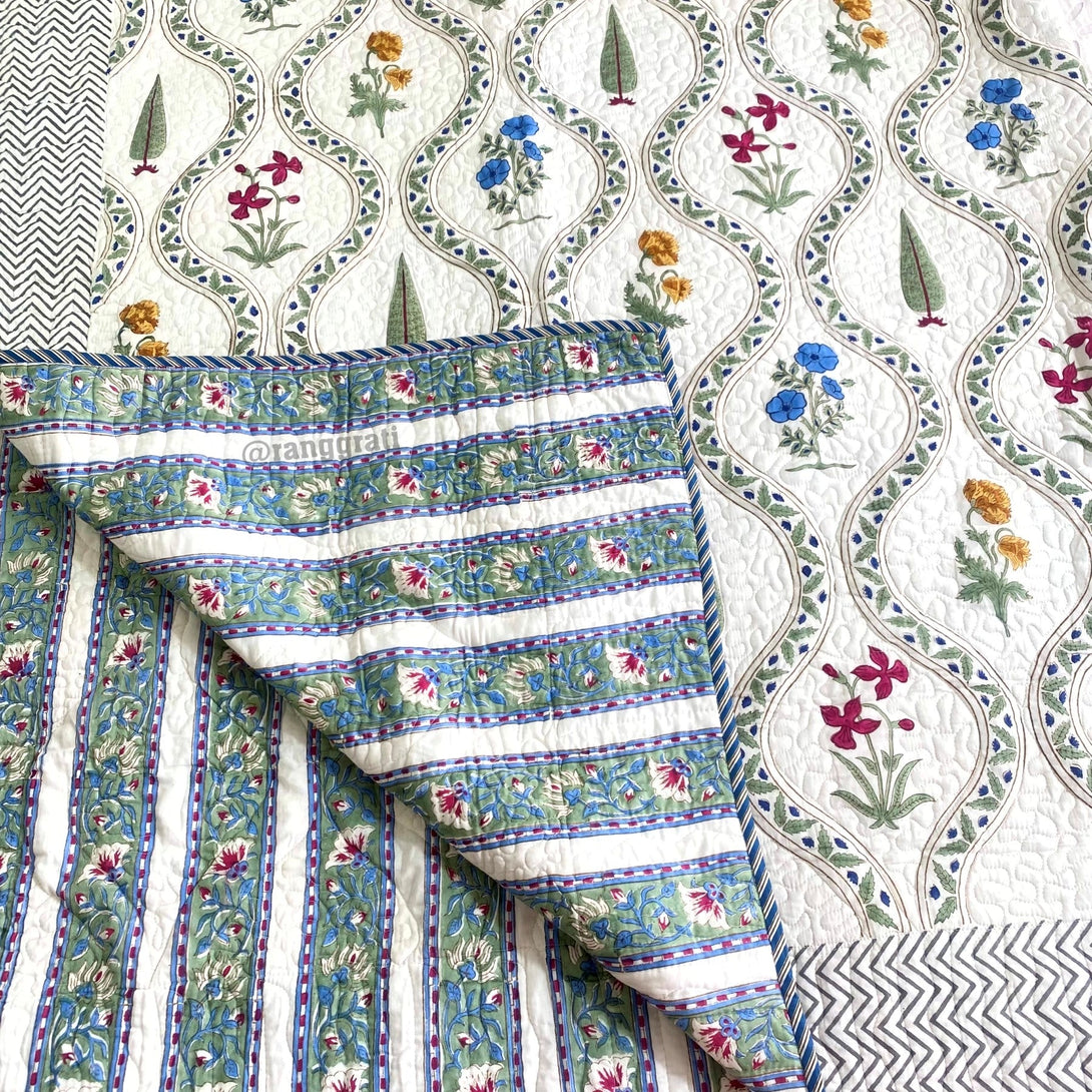 Calm Luxe Mulmul Voile Floral Quilted Bedcover Reversible King Size - Bedcover