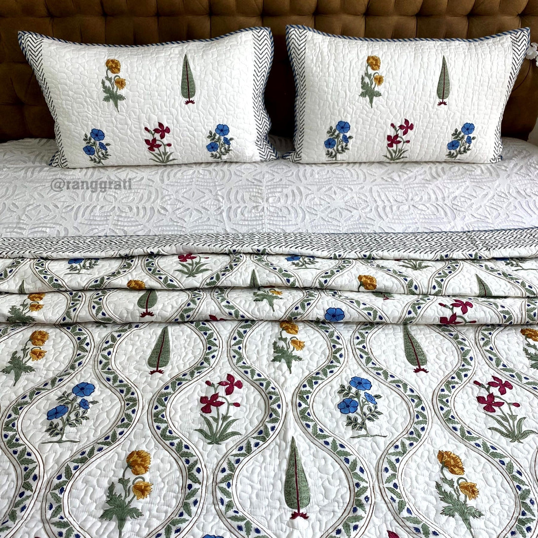 Calm Luxe Mulmul Voile Floral Quilted Bedcover Reversible King Size - Bedcover