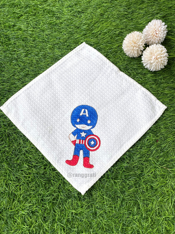 Captain America Hand Block Printed Face Towel In Pure Cotton Waffle