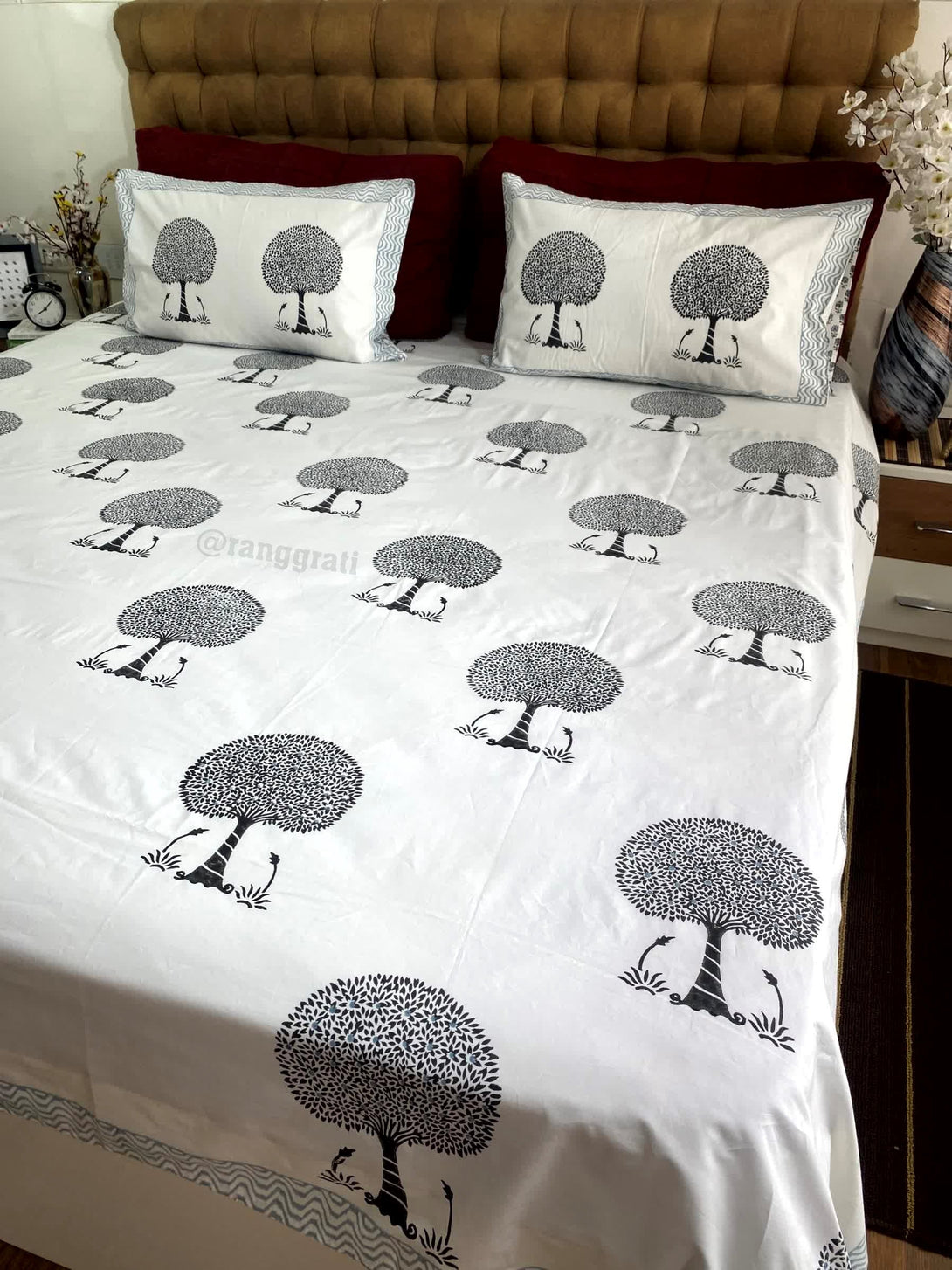 Charcoal Black Tree King Size 250 TC Bedsheet Hand Block - Bedsheet