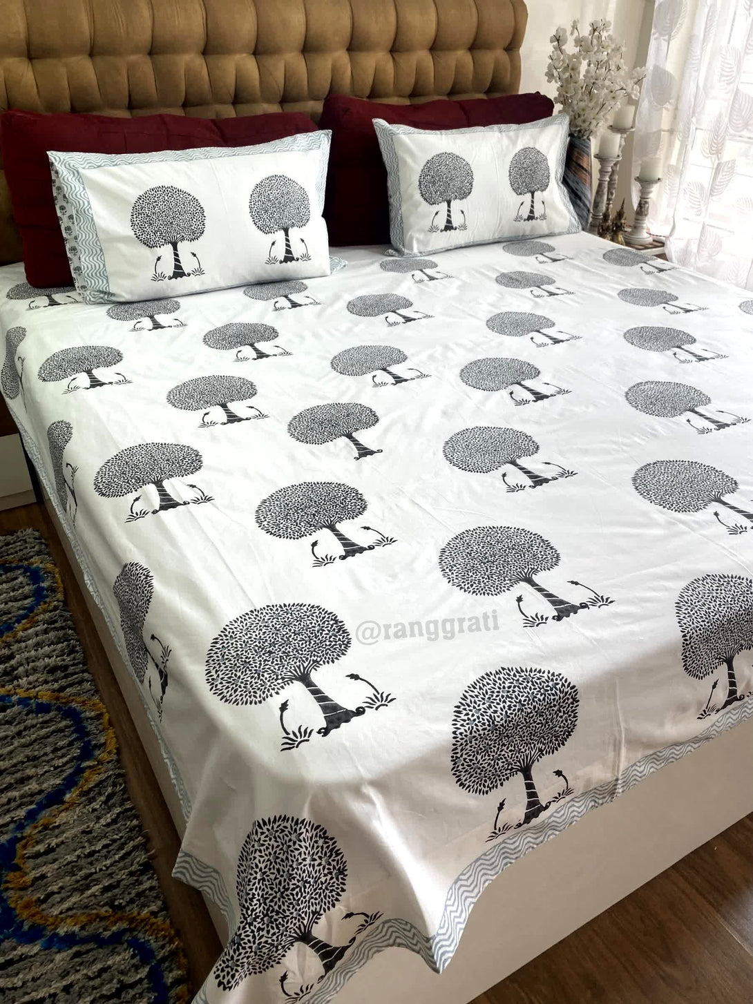 Charcoal Black Tree King Size 250 TC Bedsheet Hand Block - Bedsheet