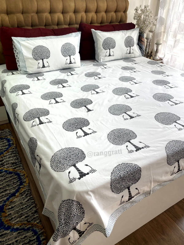 Charcoal Black Tree King Size 250 TC Bedsheet Hand Block - Bedsheet