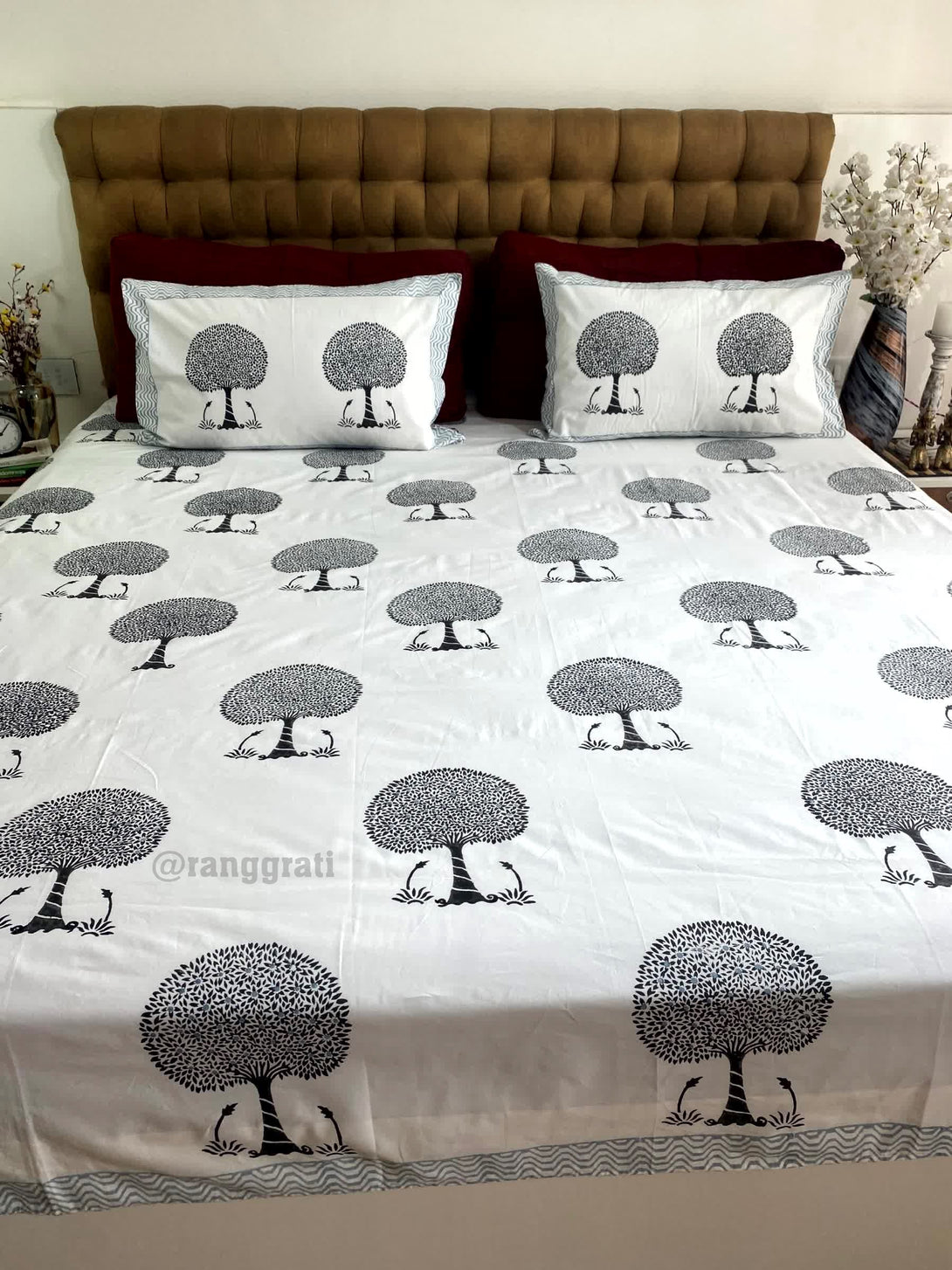 Charcoal Black Tree King Size 250 TC Bedsheet Hand Block - Bedsheet