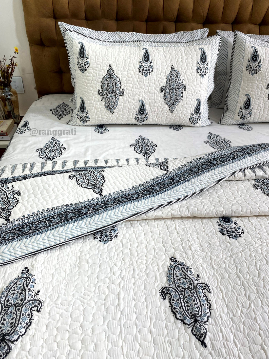 Charcoal Grey Quilted Bedding Set with Paisley Design