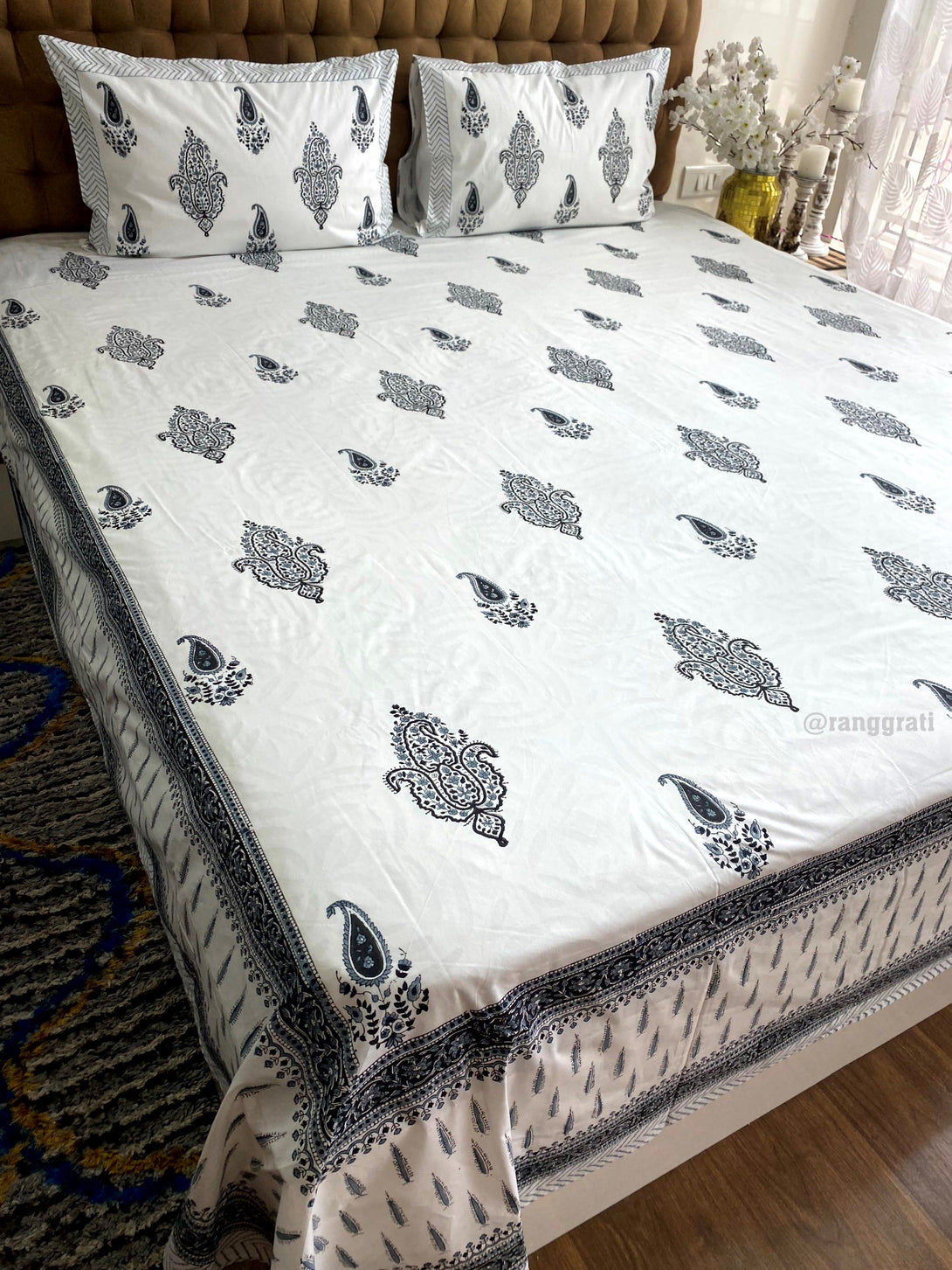 
Hand-Printed Charcoal Paisley Bedsheet with Matching Quilted Cover