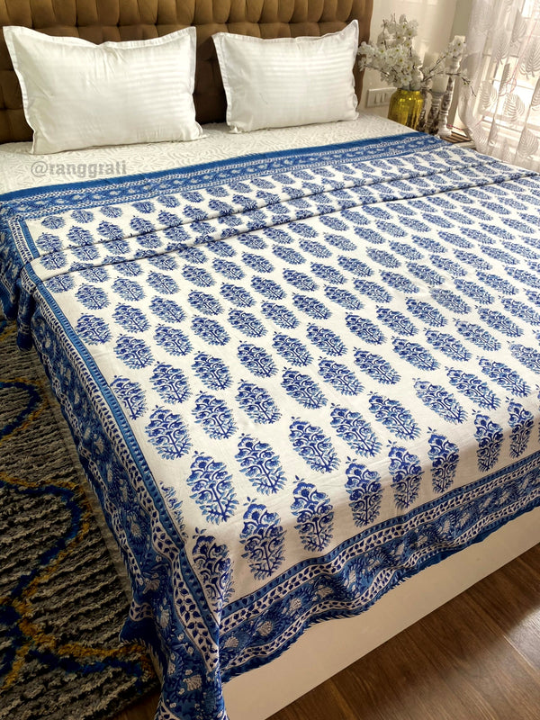 Cobalt Blue Floral Dohar For Double Bed In Mulmul Cotton King Size