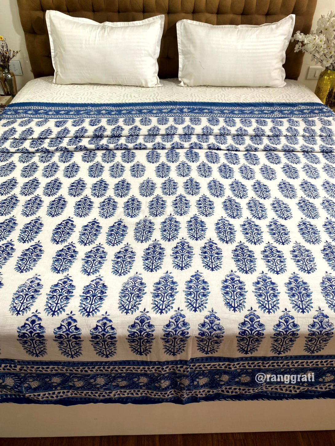 Cobalt Blue Floral Dohar For Double Bed In Mulmul Cotton Reversible King Size