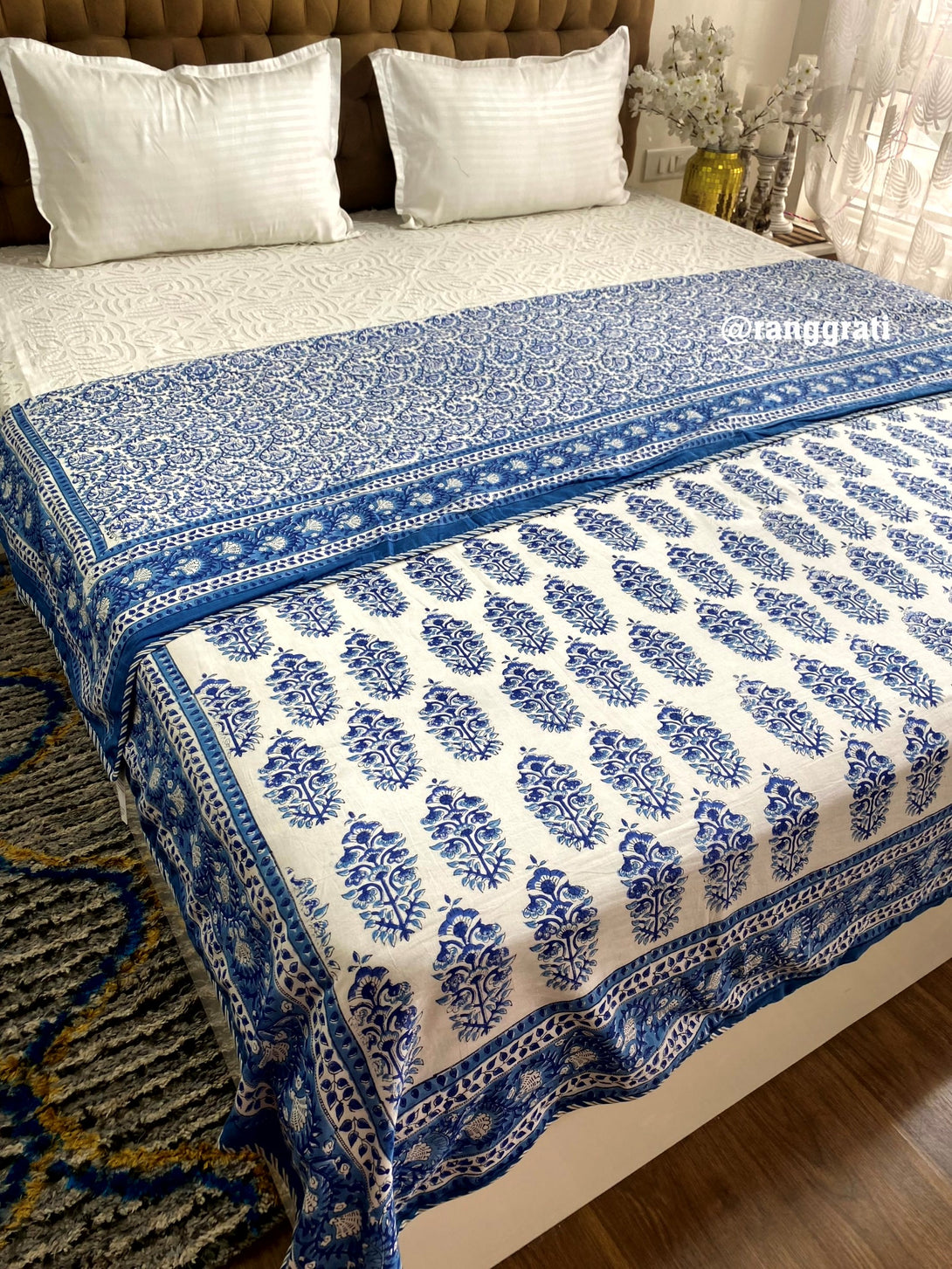 King Size Cobalt Blue Floral Dohar For Double Bed In Mulmul Cotton Reversible 