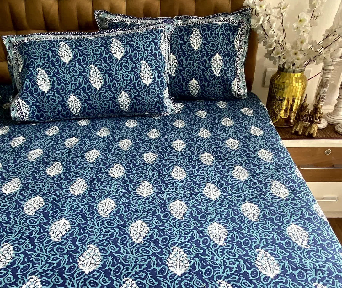 Cobalt Blue Floral Cotton Elastic Fitted Bedsheet King Size - Bedsheet
