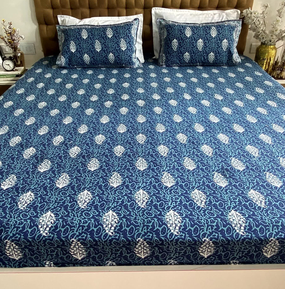 Cobalt Blue Floral Cotton Elastic Fitted Bedsheet King Size - Bedsheet