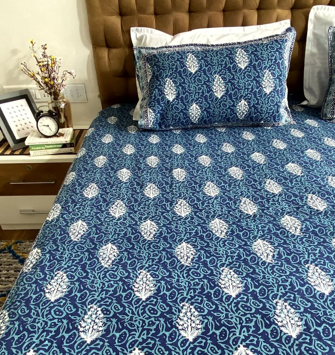 Cobalt Blue Floral Cotton Elastic Fitted Bedsheet King Size - Bedsheet