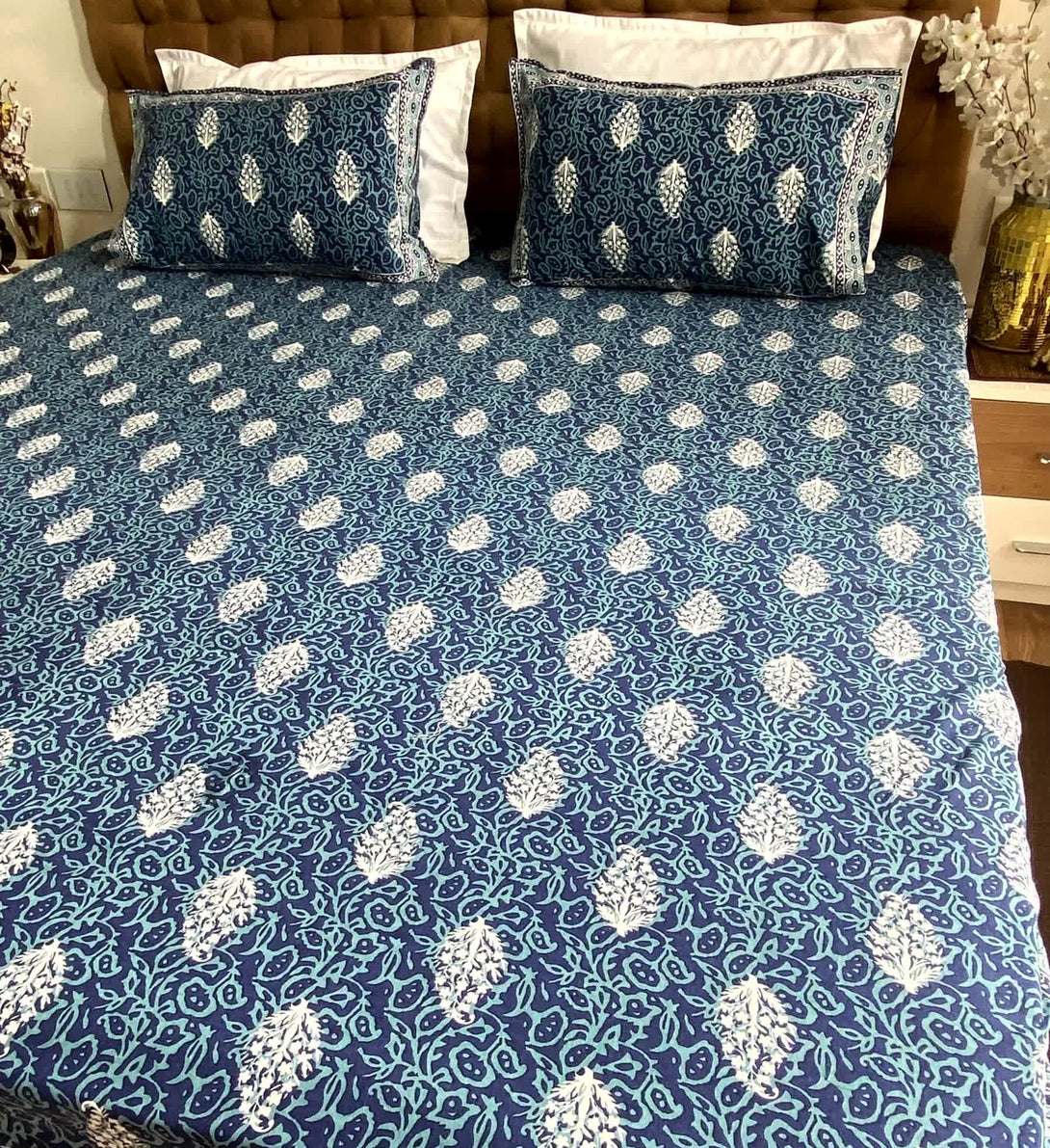 Cobalt Blue Floral Cotton Elastic Fitted Bedsheet King Size - Bedsheet