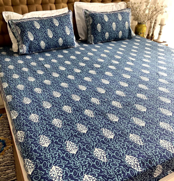 Cobalt Blue Floral Cotton Elastic Fitted Bedsheet King Size - Bedsheet