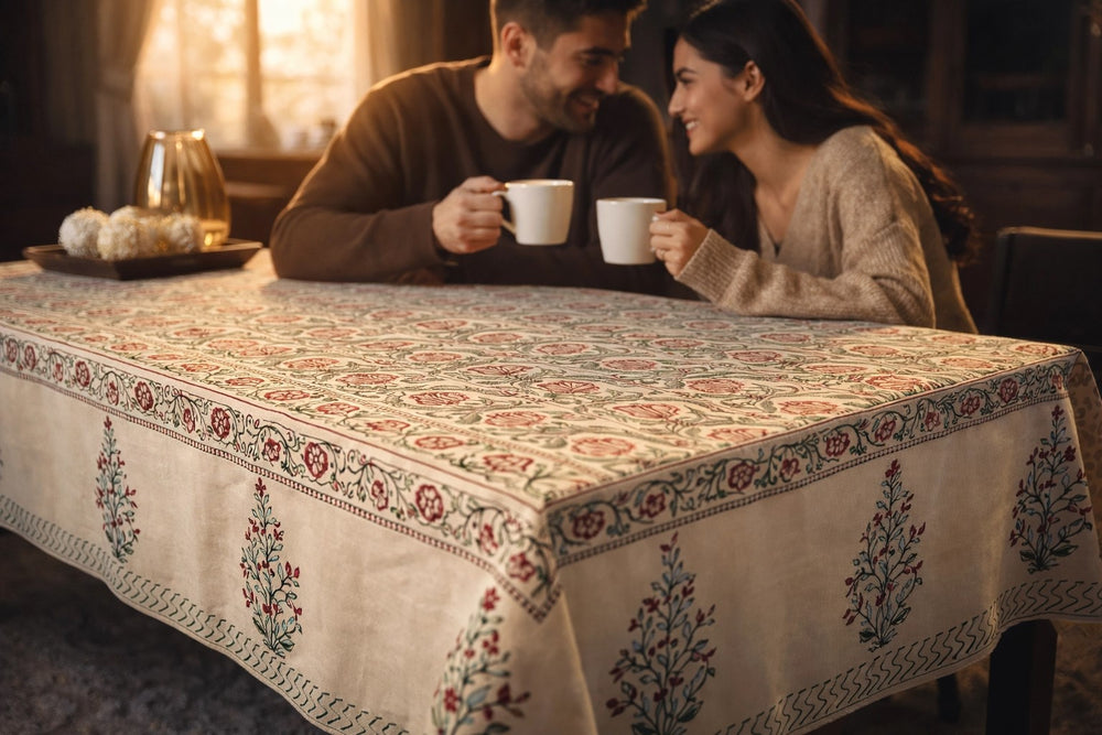 Couple enjoying coffee at a table with a hand block printed cotton table cover