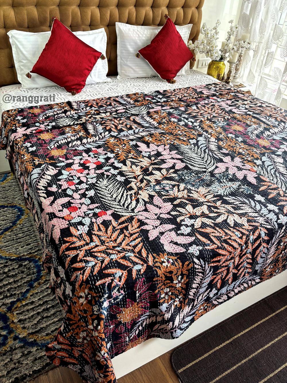 Colorful Leaves Kantha Bedcover For Double Bed King Size