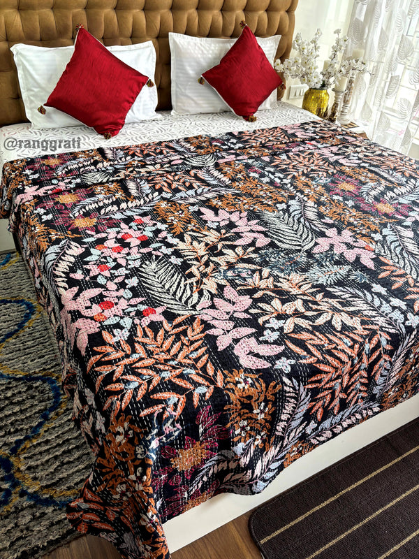Colorful Leaves Kantha Bedcover For Double Bed King Size