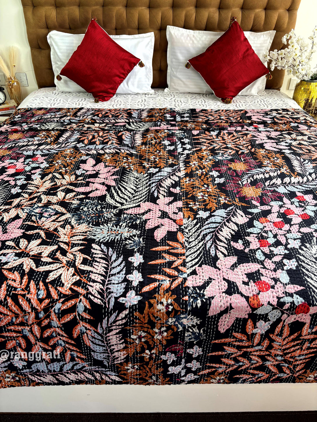 Colorful Leaves Kantha Bedcover King Size