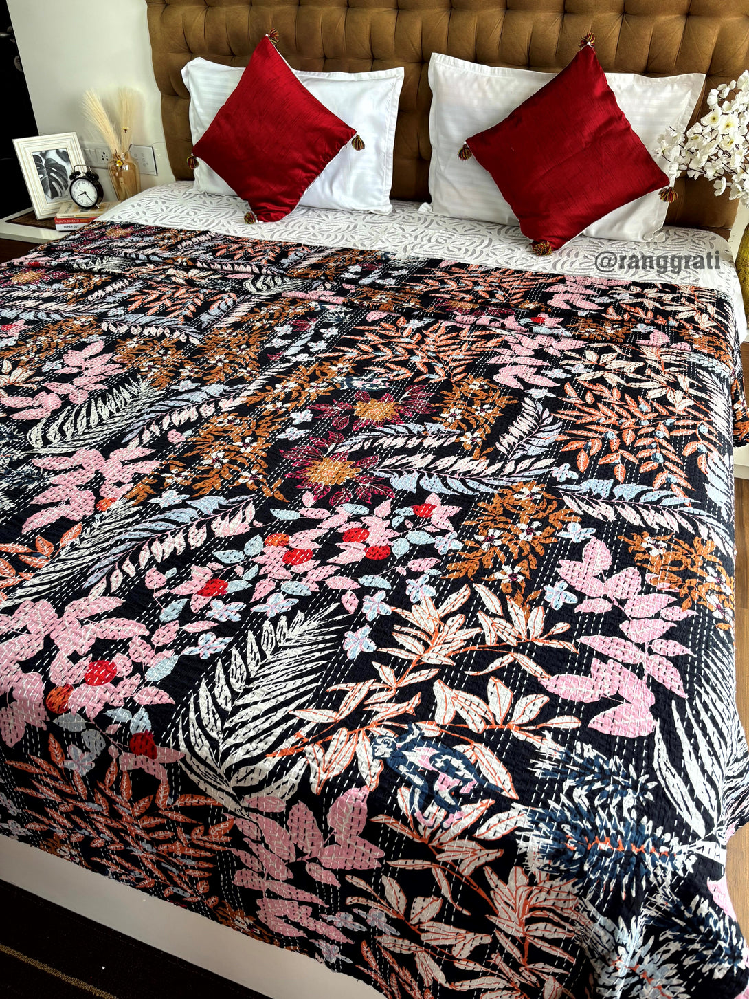 King Size Colorful Leaves Kantha Bedcover For Double Bed