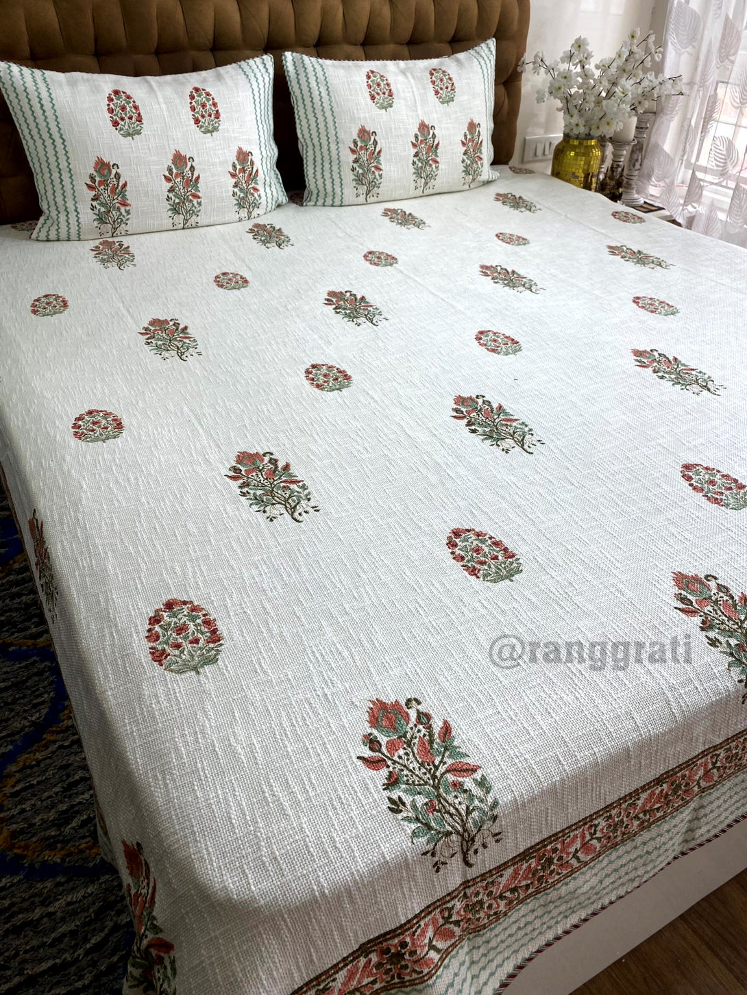 Coral Pink Floral Bedcover King Size In Jute Cotton