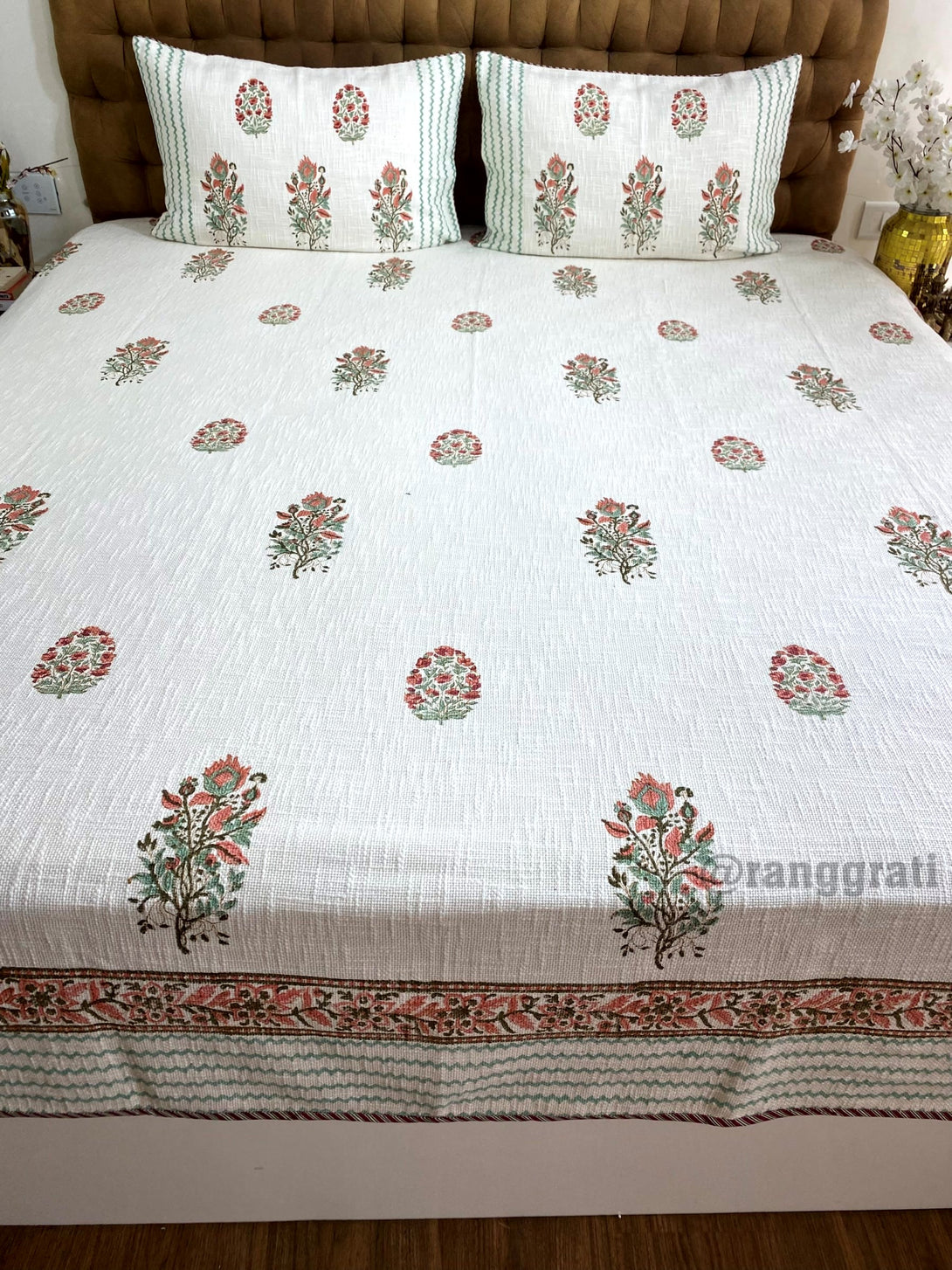 Jute Cotton Coral Pink Floral Bedcover King Size