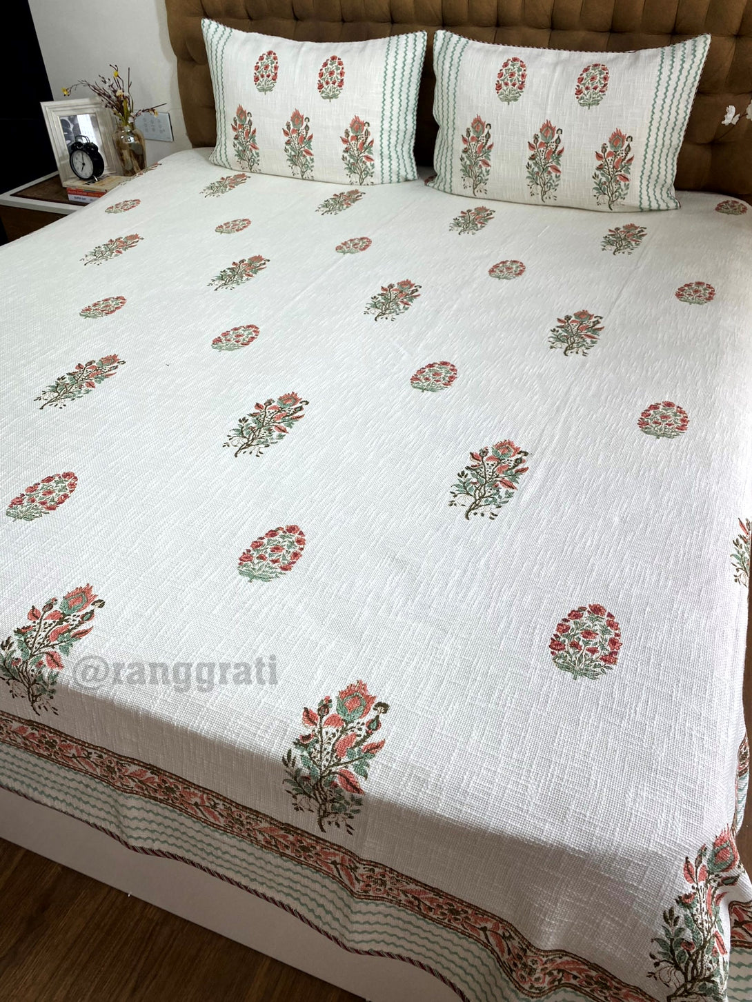 Coral Pink Floral Jute Cotton King Size Bedcover