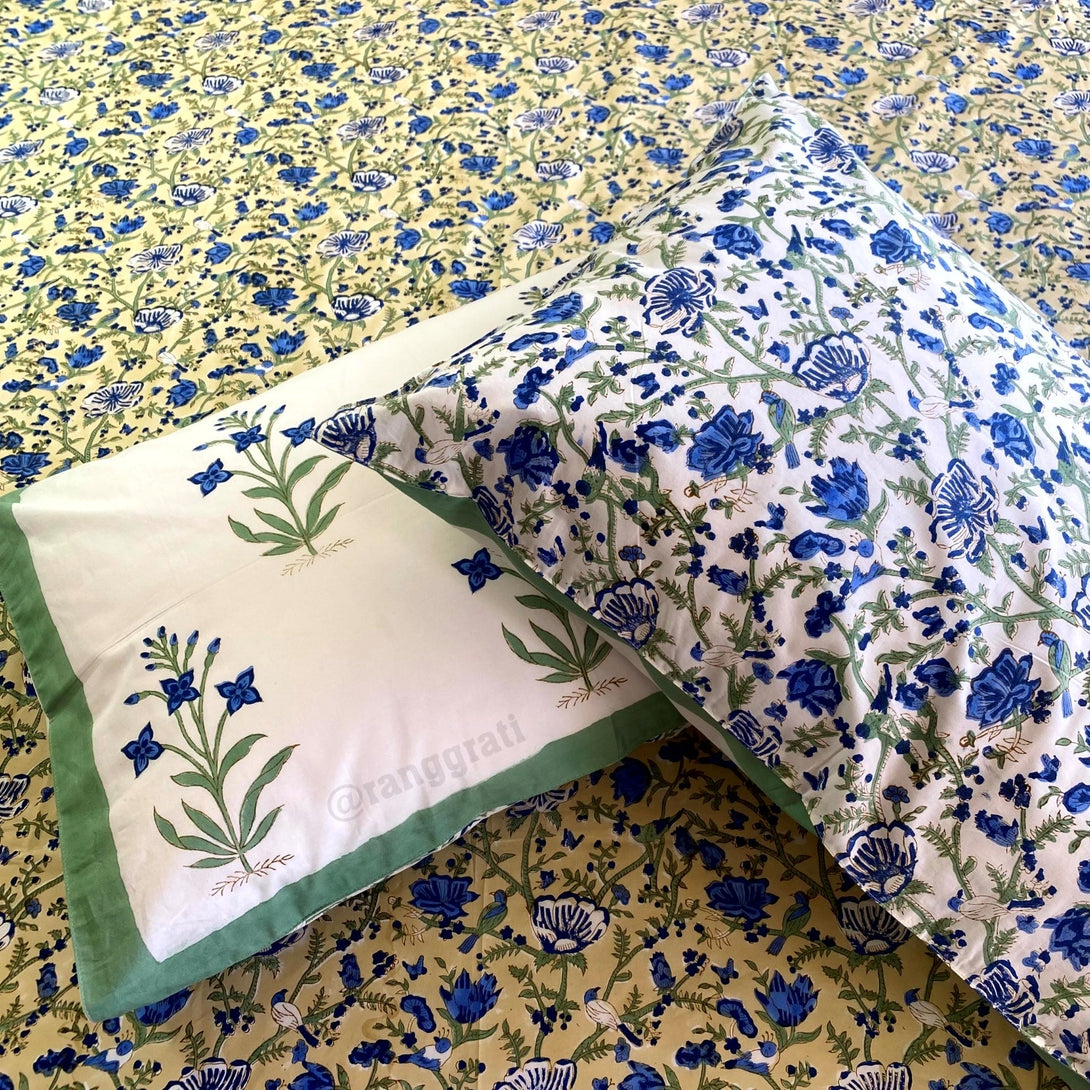 Cream & Blue Floral Super King Size 250 TC Bedsheet Cotton Hand Block - Bedsheet