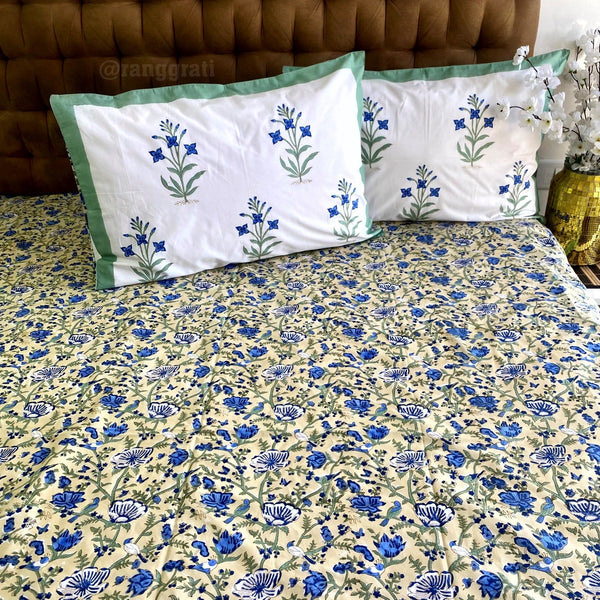 Cream & Blue Floral Super King Size 250 TC Bedsheet Cotton Hand Block - Bedsheet