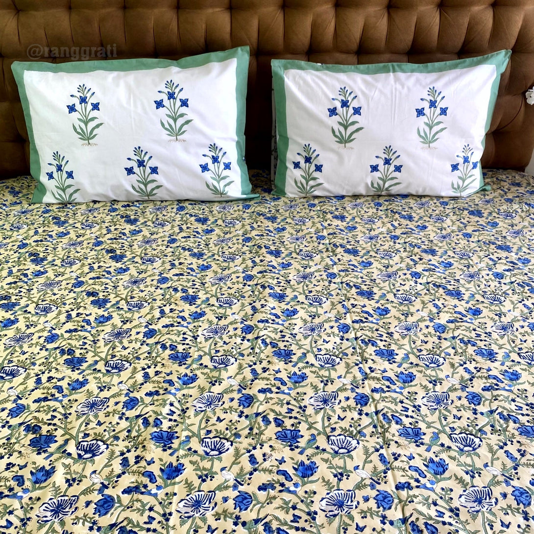 Cream & Blue Floral Super King Size 250 TC Bedsheet Cotton Hand Block - Bedsheet
