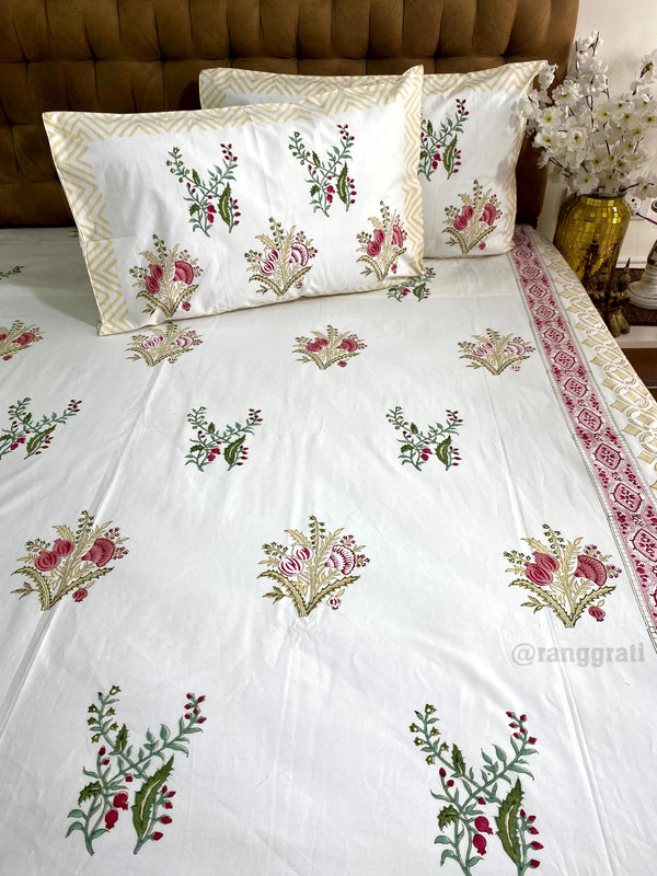 Crimson Pink Pomegranate Hand Block Cotton King Size Bedsheet