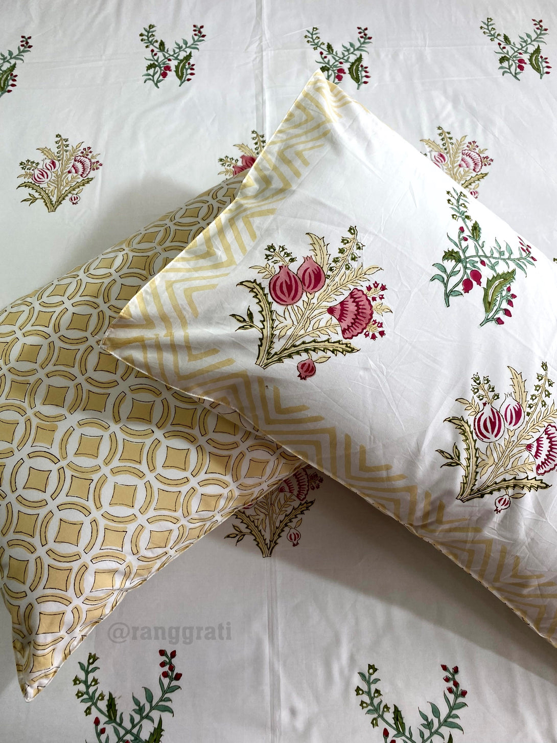 Crimson Pink Pomegranate Hand Block Cotton King Size Bedsheet With Pillow Covers