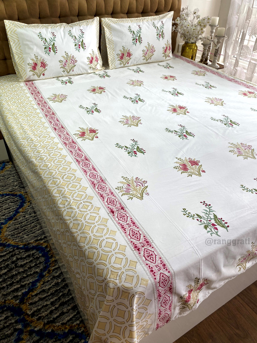 Crimson Pink Pomegranate Hand Block Cotton Bedsheet King Size