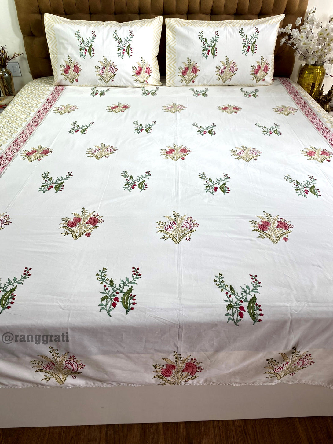 King Size Crimson Pink Pomegranate Hand Block Cotton Bedsheet